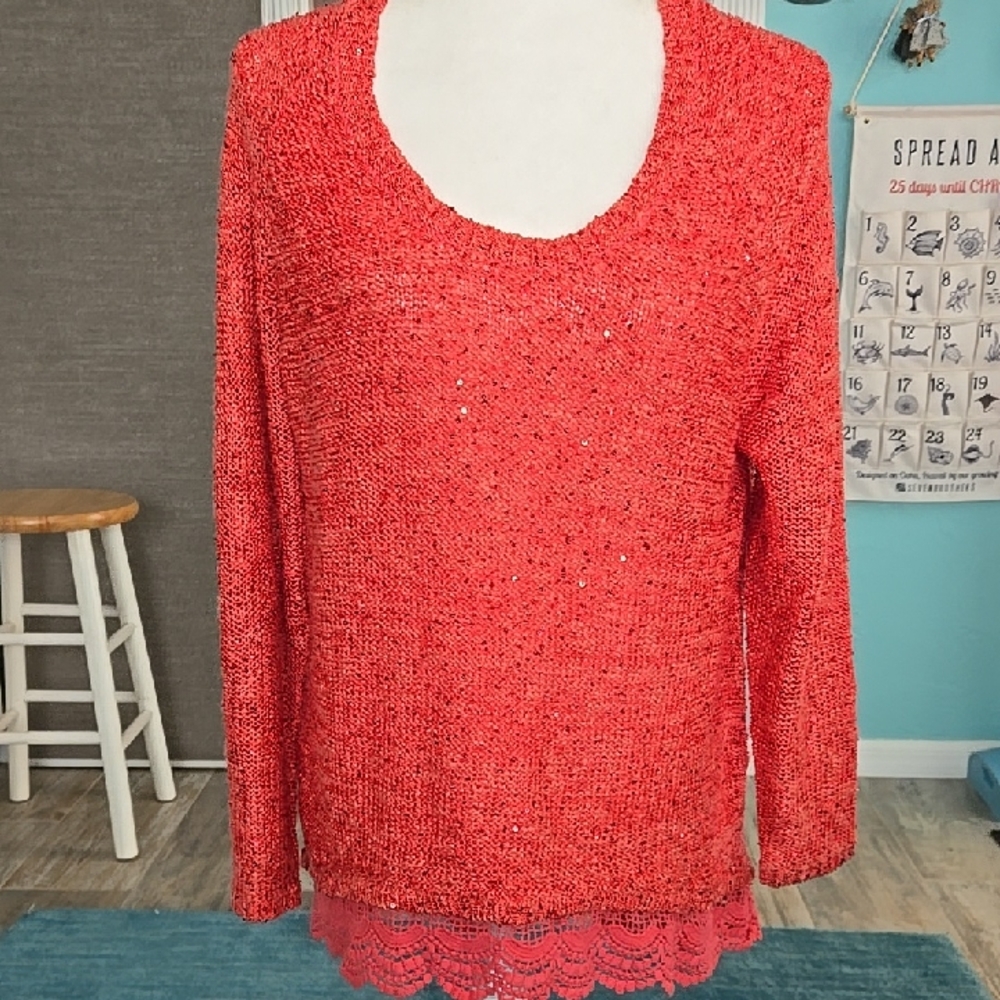 Boston Proper Coral Sequin Sweater